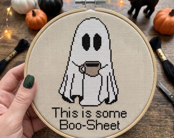 Patrón de punto de cruz de fantasma divertido, Esto es algo espeluznante, Punto de cruz de Halloween, Bordado sarcástico y espeluznante, Lindo fantasma de café PDF