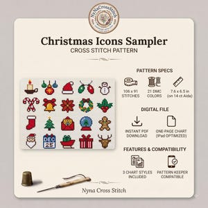 Pode incluir: Um padr&atilde;o de ponto cruz Christmas Icons Sampler com vinte pequenos motivos natalinos, incluindo um boneco de neve, rena e bengalas doces. O arquivo digital inclui 106 por 91 pontos, 21 cores DMC e mede 19,3 por 16,5 cm em Aida 14.