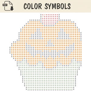 Puede incluir: Un patr&oacute;n PDF digital titulado COLOR SYMBOLS que presenta un dise&ntilde;o basado en una cuadr&iacute;cula con forma de calabaza. La imagen utiliza iconos de corazones naranjas, flechas verdes y estrellas rojas, intercalados con el n&uacute;mero 3.
