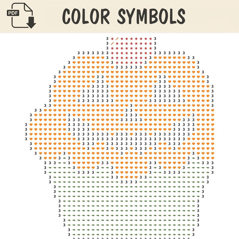 Puede incluir: Un patr&oacute;n PDF digital titulado COLOR SYMBOLS que presenta un dise&ntilde;o basado en una cuadr&iacute;cula con forma de calabaza. La imagen utiliza iconos de corazones naranjas, flechas verdes y estrellas rojas, intercalados con el n&uacute;mero 3.
