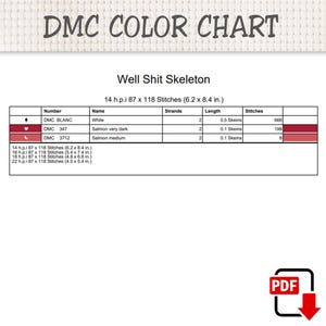 K&ouml;nnte beinhalten: Eine DMC-Farbkarte f&uuml;r ein Kreuzstichmuster mit dem Titel Well Shit Skeleton. Die Tabelle listet DMC Blanc, 347 und 3712 mit Fadenanzahl, L&auml;ngen in Str&auml;ngen und Stichzahlen auf. Enth&auml;lt Ma&szlig;e f&uuml;r Stoffe mit 14, 16, 18 und 22 h.p.i. Webdichte.