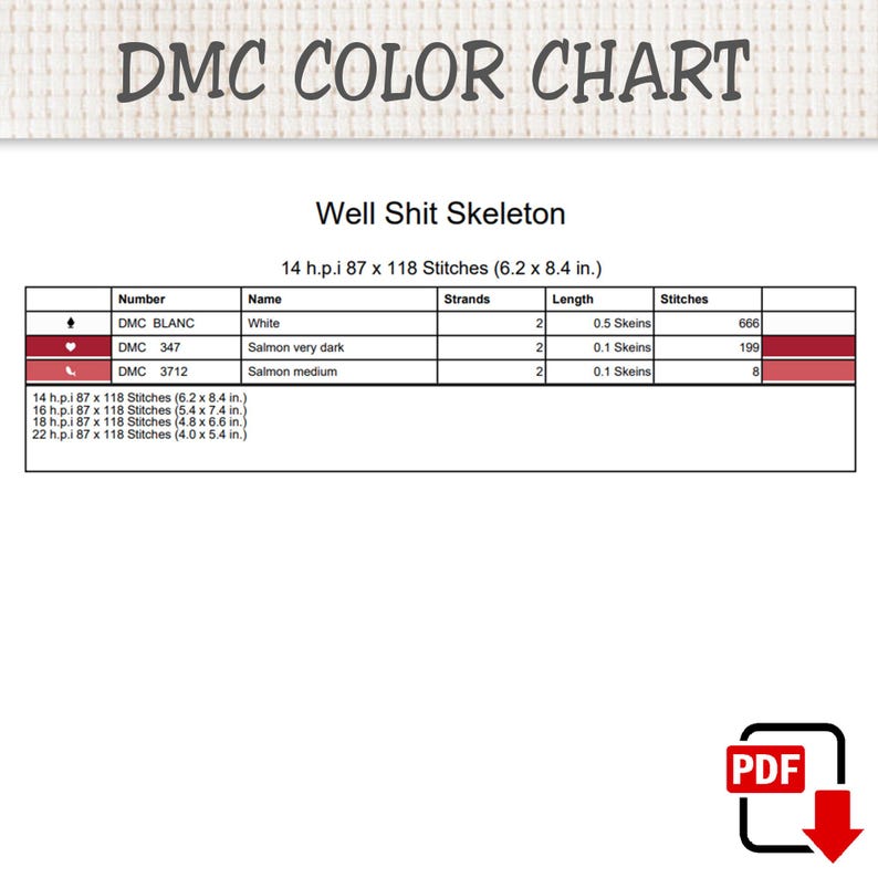 K&ouml;nnte beinhalten: Eine DMC-Farbkarte f&uuml;r ein Kreuzstichmuster mit dem Titel Well Shit Skeleton. Die Tabelle listet DMC Blanc, 347 und 3712 mit Fadenanzahl, L&auml;ngen in Str&auml;ngen und Stichzahlen auf. Enth&auml;lt Ma&szlig;e f&uuml;r Stoffe mit 14, 16, 18 und 22 h.p.i. Webdichte.