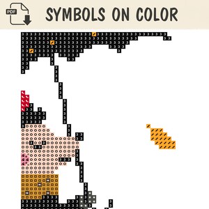 May include: A digital cross-stitch pattern titled SYMBOLS ON COLOR featuring a grid layout. The design includes black blocks marked with the number 3, peach-colored circles, orange squares with arrows, and a small cluster of orange squares with slashes.