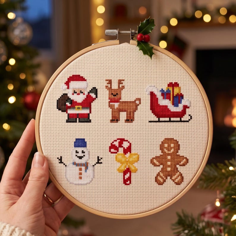 Pu&ograve; includere: Un telaio da ricamo rotondo in legno contenente un tessuto color crema con sei disegni a punto croce: Babbo Natale, una renna, una slitta con regali, un pupazzo di neve, un bastoncino di zucchero con fiocco giallo e un omino di pan di zenzero.