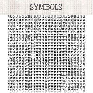 May include: A cross stitch pattern chart featuring the word SYMBOLS at the top in a dark gray font. Below the text is a dense grid of black geometric shapes, including triangles, squares, circles, and various icons, arranged on a white background.