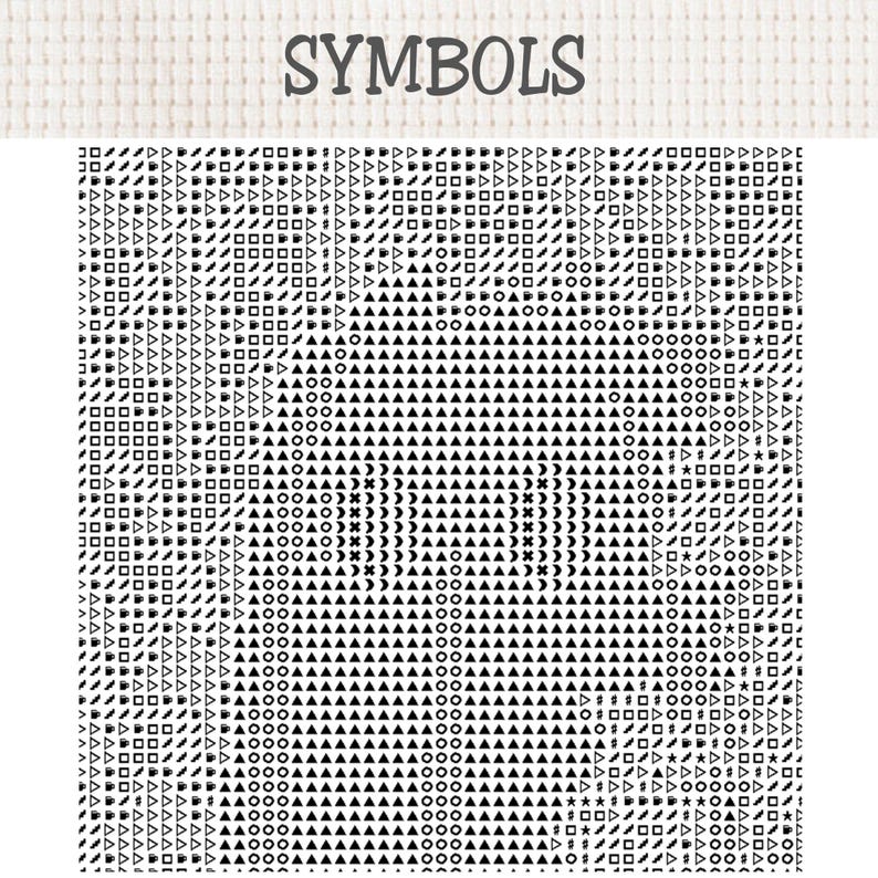 May include: A cross stitch pattern chart featuring the word SYMBOLS at the top in a dark gray font. Below the text is a dense grid of black geometric shapes, including triangles, squares, circles, and various icons, arranged on a white background.
