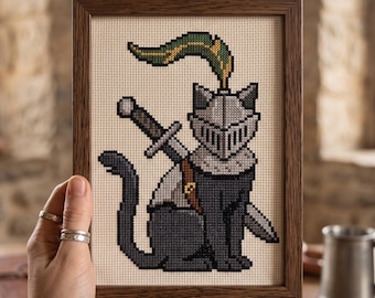 Modèle de point de croix PDF Chat chevalier | Grille de broderie au point de croix Chat médiéval en armure, épée, casque et plumes | Téléchargement instantané PDF