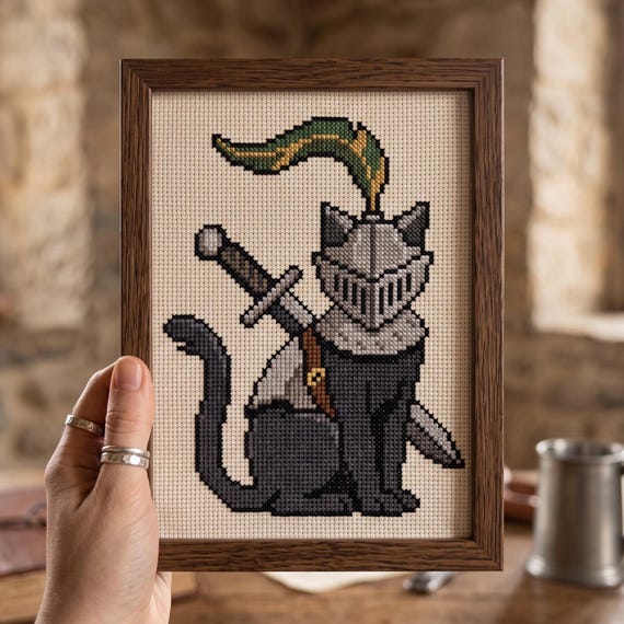 Knight Cat Cross Stitch Pattern PDF | Medieval Armored Cat Sword Helmet Feather Needlepoint Chart | Instant Download PDF