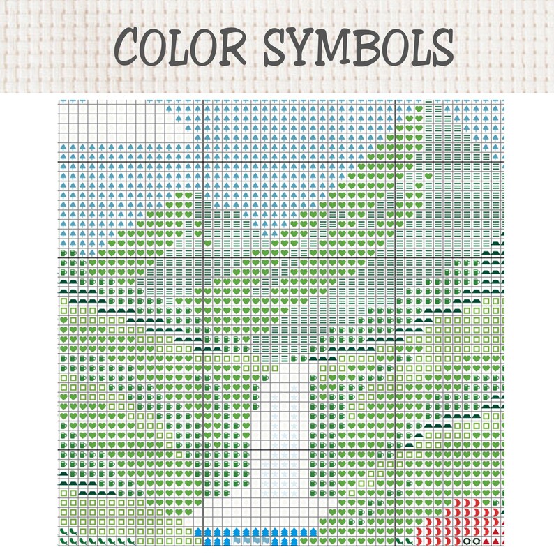 Pu&ograve; includere: Uno schema per punto croce intitolato COLOR SYMBOLS che presenta una griglia con varie icone, tra cui cuori verdi, alberi blu e piccoli quadrati. Il disegno raffigura un paesaggio con un'area bianca centrale e accenti rossi sul fondo.