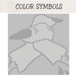 May include: A cross-stitch pattern chart titled COLOR SYMBOLS featuring a grey background with a white grid overlay. The design displays a stylised bird silhouette outlined by the number 1, indicating a single colour for the embroidery project.