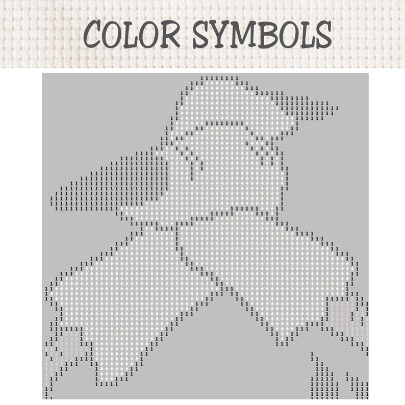 May include: A cross-stitch pattern chart titled COLOR SYMBOLS featuring a grey background with a white grid overlay. The design displays a stylised bird silhouette outlined by the number 1, indicating a single colour for the embroidery project.