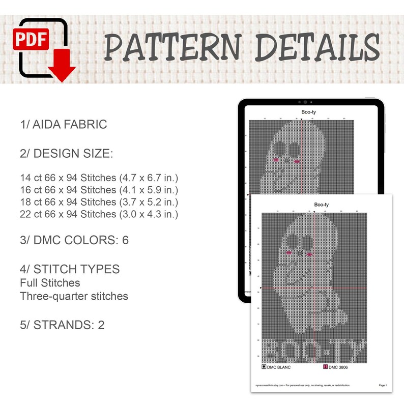 Puede incluir: Un patr&oacute;n de punto de cruz digital titulado Boo-ty con un gr&aacute;fico de fantasma. Los detalles incluyen 14ct 66x94 puntadas a 11,9x17,0 cm, 16ct a 10,4x15,0 cm, 18ct a 9,4x13,2 cm y 22ct a 7,6x10,9 cm. Usa 6 colores DMC, 2 hebras.