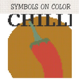 Pu&ograve; includere: Uno schema a punto croce con la parola CHILLI in lettere nere sopra il disegno di un peperoncino rosso con il picciolo verde. Il design &egrave; posto su uno sfondo circolare arancione riempito di simboli numerici su una griglia.