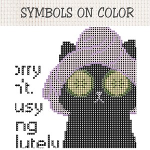 May include: A cross-stitch pattern featuring a black cat wearing a light purple towel wrap on its head and two green cucumber slices over its eyes. The text SYMBOLS ON COLOR appears at the top, and the text sorry i'm busy is on the left side.