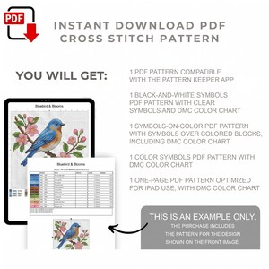 Peut inclure: Un mod&egrave;le de point de croix PDF &agrave; t&eacute;l&eacute;chargement instantan&eacute; intitul&eacute; Bluebird & Blooms. Le fichier num&eacute;rique comprend un mod&egrave;le compatible avec l'application Pattern Keeper, des symboles noir et blanc, des symboles en couleur et des tableaux DMC.