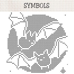 Puede incluir: Un patr&oacute;n de punto de cruz titulado SYMBOLS con un dise&ntilde;o de cuadr&iacute;cula en blanco y negro. El patr&oacute;n est&aacute; compuesto por peque&ntilde;os iconos en forma de coraz&oacute;n dispuestos para formar un motivo floral o bot&aacute;nico sobre un fondo blanco cuadriculado.
