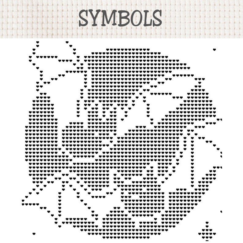Puede incluir: Un patr&oacute;n de punto de cruz titulado SYMBOLS con un dise&ntilde;o de cuadr&iacute;cula en blanco y negro. El patr&oacute;n est&aacute; compuesto por peque&ntilde;os iconos en forma de coraz&oacute;n dispuestos para formar un motivo floral o bot&aacute;nico sobre un fondo blanco cuadriculado.