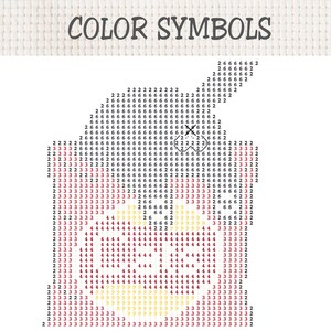K&ouml;nnte beinhalten: Ein Kreuzstich-Musterschema mit der &Uuml;berschrift COLOR SYMBOLS auf wei&szlig;em Rasterstoff. Das Design zeigt ein numerisches Layout mit den Ziffern 2, 3, 4, 6 und 9, die eine Charakterform bilden, einschlie&szlig;lich eines zentralen X-Symbols auf wei&szlig;em Grund.
