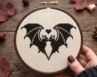 Cuddling Bats Cross Stitch Pattern, Gothic Bat Pair Heart Wings Needlepoint Chart, Instant Download PDF