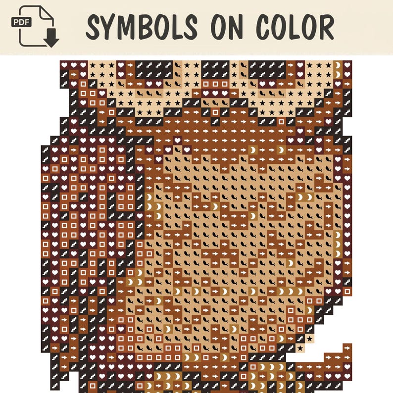 May include: A digital cross-stitch pattern titled SYMBOLS ON COLOR featuring a grid of brown and tan squares. Each square contains a unique white symbol, including arrows, hearts, stars, crescents, and geometric shapes, arranged to form an owl image.