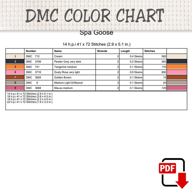 Puede incluir: Una tabla de colores DMC para un patr&oacute;n de punto de cruz titulado Spa Goose. La tabla enumera nueve colores de hilo con n&uacute;meros DMC, nombres, n&uacute;mero de hebras, longitudes de madejas y conteo de puntos. Las medidas para 14, 16, 18 y 22 h.p.i est&aacute;n en pulgadas.