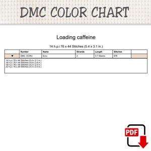 May include: A DMC colour chart for a cross-stitch pattern titled Loading caffeine. The chart lists DMC ECRU with 2 strands, 0.7 skeins, and 976 stitches. It includes dimensions for 14, 16, 18, and 22 h.p.i. with measurements in inches and a PDF icon.