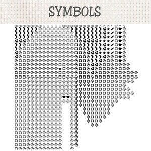 K&ouml;nnte beinhalten: Ein Kreuzstichmuster-Diagramm mit dem Wort SYMBOLS oben in einer grauen Serifenschrift. Darunter zeigt ein Raster eine dichte Anordnung schwarzer geometrischer Symbole, darunter Quadrate, Rauten, Halbmonde, Sterne und Herzen auf wei&szlig;em Grund.