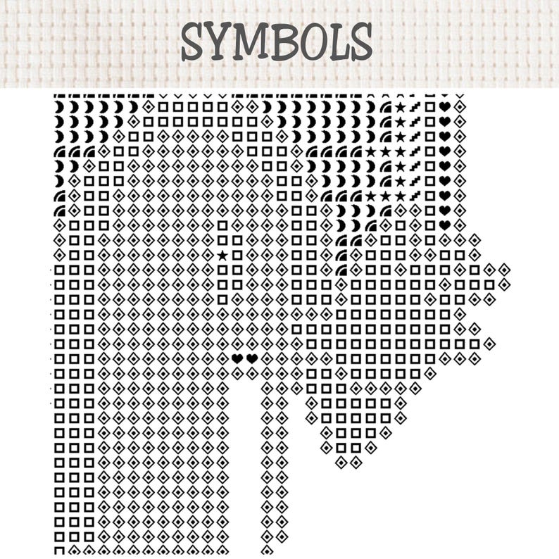 K&ouml;nnte beinhalten: Ein Kreuzstichmuster-Diagramm mit dem Wort SYMBOLS oben in einer grauen Serifenschrift. Darunter zeigt ein Raster eine dichte Anordnung schwarzer geometrischer Symbole, darunter Quadrate, Rauten, Halbmonde, Sterne und Herzen auf wei&szlig;em Grund.