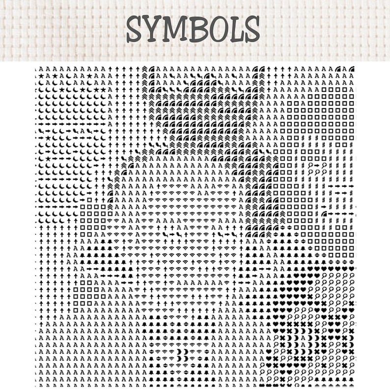 以下が含まれることがあります： SYMBOLSと題された白黒のクロスステッチパターンチャート。文字、矢印、星、三日月、正方形、ハート、幾何学模様など、刺繍用に配置された様々なアイコンが密集したグリッド状に並んでいるデザイン。