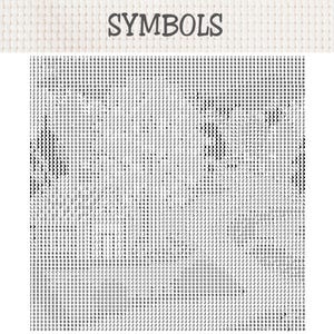 May include: A cross stitch pattern chart featuring the word SYMBOLS in a dark gray serif font at the top. Below, a dense grid of black alphanumeric characters and crescent moon symbols is arranged on a white background to guide embroidery work.