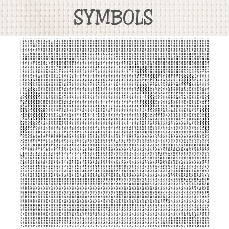 May include: A cross stitch pattern chart featuring the word SYMBOLS in a dark gray serif font at the top. Below, a dense grid of black alphanumeric characters and crescent moon symbols is arranged on a white background to guide embroidery work.