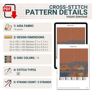 Puede incluir: Un patr&oacute;n de punto de cruz digital titulado Sunset Train, con una cuadr&iacute;cula de 15 colores DMC. Los detalles incluyen tela Aida de 14 hilos, bordado de 2 hebras y dimensiones de dise&ntilde;o de 18,0 x 18,0 cm a 11,4 x 11,4 cm seg&uacute;n el conteo.