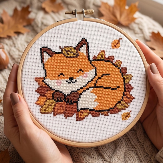 Fox Cross Stitch Pattern | Animal Autumn Leaves Needlepoint Chart | Digital Download PDF