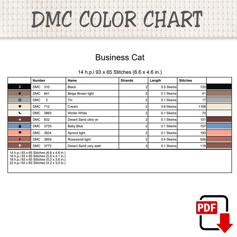 May include: A DMC color chart for a cross-stitch pattern titled Business Cat. The table lists thread numbers, names, strand counts, skein lengths, and stitch counts for colors including black, beige, cream, blue, and rose. Dimensions are 6.6 x 4.6 in.