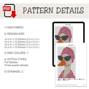 Puede incluir: Un patr&oacute;n de punto de cruz digital titulado Spa Goose que muestra un ganso con una toalla rosa y gafas de sol. El documento enumera tela Aida, tama&ntilde;os de dise&ntilde;o de 7,4 x 13,0 cm a 4,8 x 8,4 cm, 7 colores DMC y tipos de puntadas.