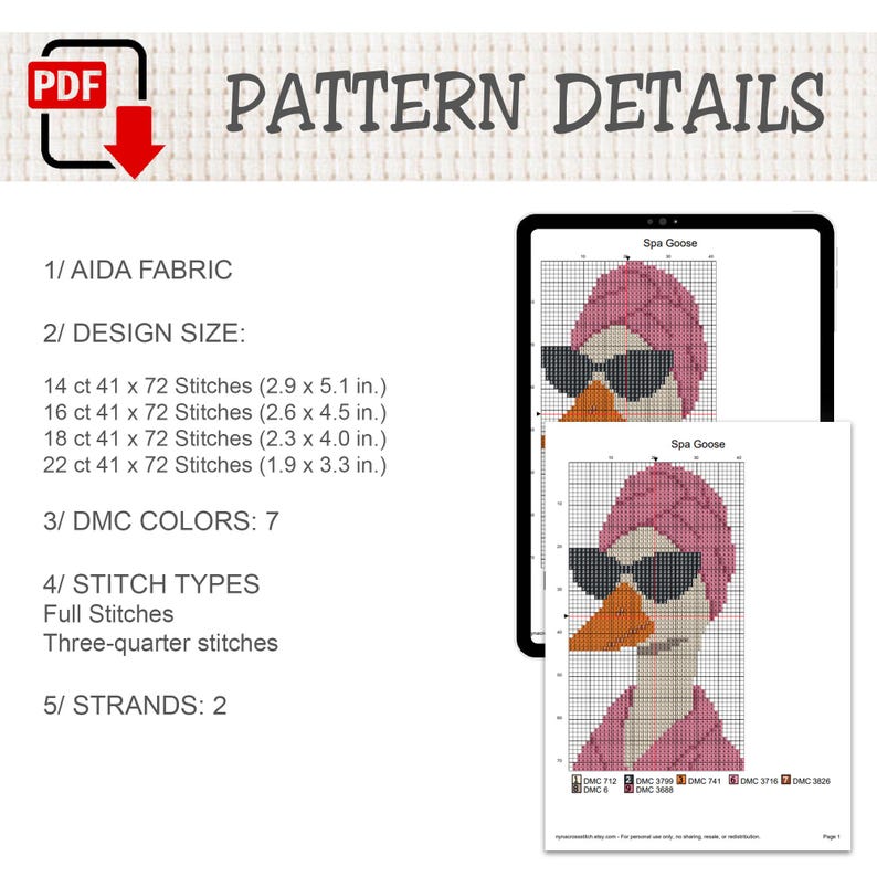 Puede incluir: Un patr&oacute;n de punto de cruz digital titulado Spa Goose que muestra un ganso con una toalla rosa y gafas de sol. El documento enumera tela Aida, tama&ntilde;os de dise&ntilde;o de 7,4 x 13,0 cm a 4,8 x 8,4 cm, 7 colores DMC y tipos de puntadas.