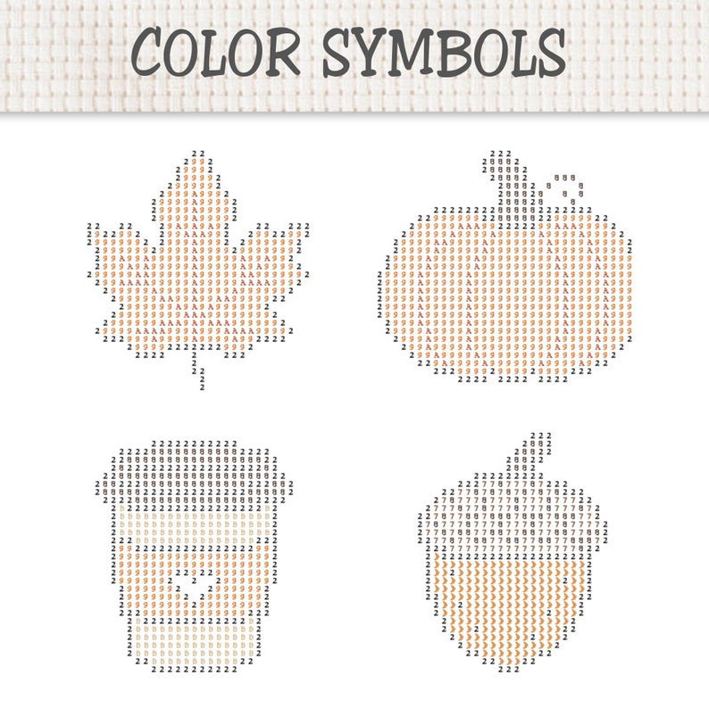 May include: A cross stitch pattern chart titled COLOR SYMBOLS featuring four autumn-themed designs: a maple leaf, a pumpkin, a coffee cup, and an acorn. Each shape is composed of a grid of numbers and letters representing specific thread colors.