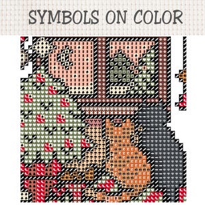 K&ouml;nnte beinhalten: Ein Kreuzstichmuster mit der &Uuml;berschrift SYMBOLS ON COLOR, das ein Raster aus Quadraten zeigt, die mit verschiedenen Symbolen wie Herzen, B&auml;umen, Regenschirmen und Pfeilen in Rosa, Gr&uuml;n, Orange, Braun und Schwarz gef&uuml;llt sind.