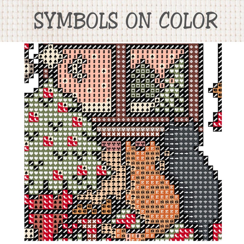 K&ouml;nnte beinhalten: Ein Kreuzstichmuster mit der &Uuml;berschrift SYMBOLS ON COLOR, das ein Raster aus Quadraten zeigt, die mit verschiedenen Symbolen wie Herzen, B&auml;umen, Regenschirmen und Pfeilen in Rosa, Gr&uuml;n, Orange, Braun und Schwarz gef&uuml;llt sind.