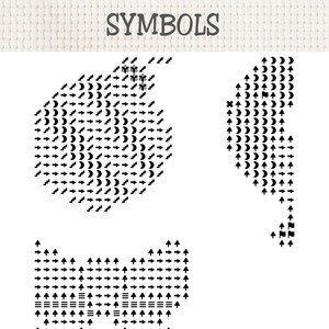 May include: A cross stitch pattern chart labeled SYMBOLS at the top, featuring three distinct shapes composed of black icons including arrows, crescents, stairs, flags, and flowers arranged on a white grid background for embroidery guidance.
