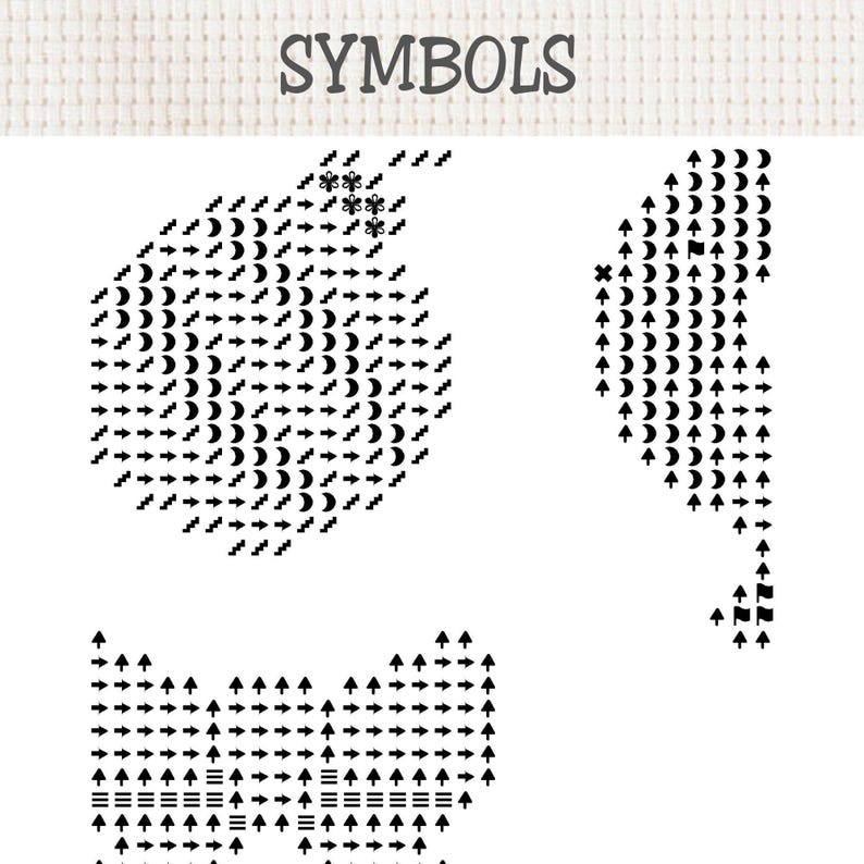 May include: A cross stitch pattern chart labeled SYMBOLS at the top, featuring three distinct shapes composed of black icons including arrows, crescents, stairs, flags, and flowers arranged on a white grid background for embroidery guidance.