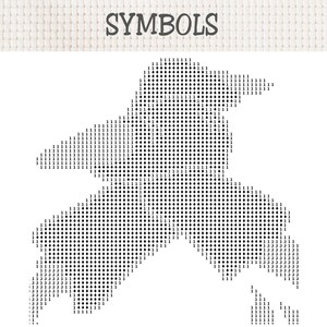 May include: A cross-stitch pattern chart labelled SYMBOLS at the top, featuring a black and white grid design of a bird silhouette. The pattern is composed of repeating diamond shapes and the numbers 1 and 3, arranged to form the bird's shape.