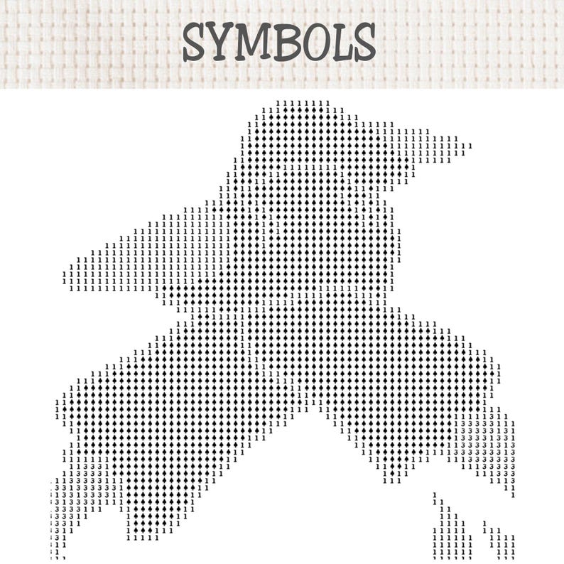 May include: A cross-stitch pattern chart labelled SYMBOLS at the top, featuring a black and white grid design of a bird silhouette. The pattern is composed of repeating diamond shapes and the numbers 1 and 3, arranged to form the bird's shape.