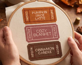 Autumn Tickets Cross Stitch Pattern PDF | Pumpkin Spice Latte Cozy Blanket Needlepoint Chart | Fall Vibe Movie Stub Vintage Craft Download