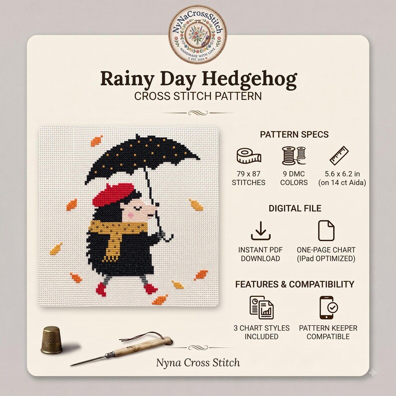 May include: A cross stitch pattern titled Rainy Day Hedgehog featuring a hedgehog in a red beret, yellow scarf, and black coat holding a black umbrella. Pattern specs include 79 by 87 stitches, 9 DMC colors, and 5.6 by 6.2 inches on 14 ct Aida.