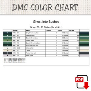 May include: A DMC color chart titled Ghost Into Bushes for cross-stitch patterns. The table lists thread numbers, names, strand counts, lengths in skeins, and stitch counts for colors including grey green, jade, celadon, forest green, and white.