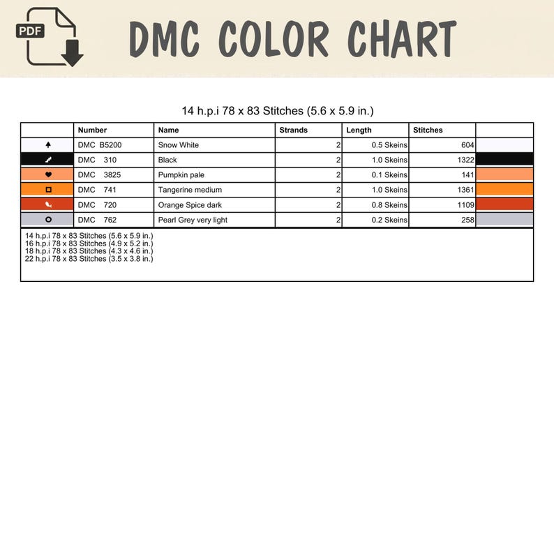 May include: A DMC color chart document featuring a table with columns for number, name, strands, length, and stitches. It lists six colors including Snow White, Black, Pumpkin pale, Tangerine medium, Orange Spice dark, and Pearl Grey very light.
