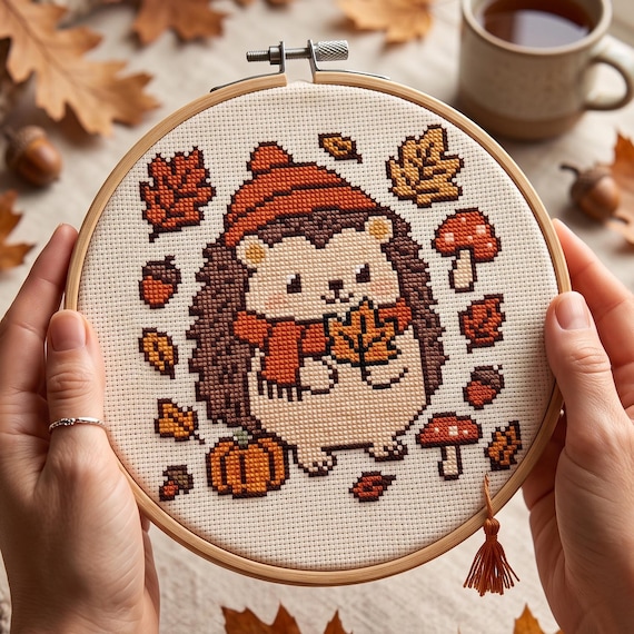 Autumn Hedgehog Cross Stitch Pattern | Cozy Fall Animal Scarf Beanie Needlepoint Chart | Digital Download PDF