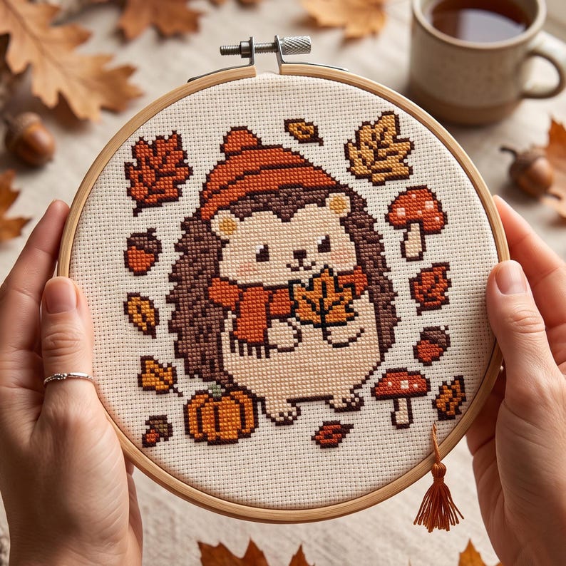 K&ouml;nnte beinhalten: Ein runder Stickrahmen aus Holz mit einem Kreuzstichmuster eines Igels, der eine orangefarbene Strickm&uuml;tze und einen Schal tr&auml;gt und ein Blatt h&auml;lt. Das Design umfasst herbstliche Elemente wie orangefarbene K&uuml;rbisse, braune Eicheln und Pilze.