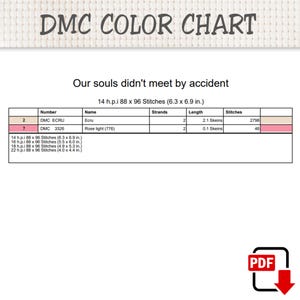 Op de afbeelding: Een DMC-kleurenkaart voor een kruissteekpatroon getiteld Our souls didn't meet by accident. De tabel bevat DMC ECRU en DMC 3326 Rose light, inclusief draadaantallen, totaal aantal steken en afmetingen voor 14, 16, 18 en 22 h.p.i. stofmaten.